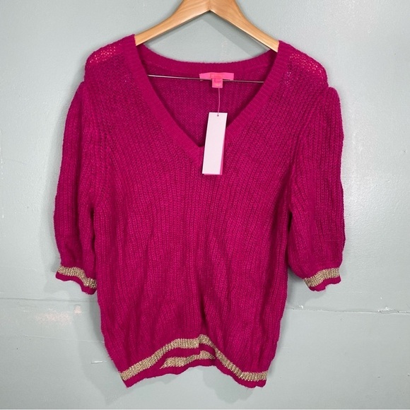 Lilly Pulitzer Skylynn Sweater Knit‎ Metallic Pink Barbie V Neck Sweater 009311 - Picture 2 of 4